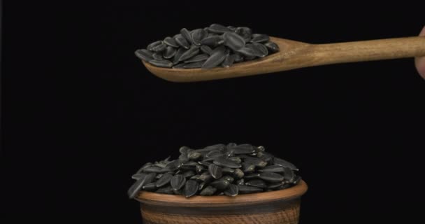 Slunečnicová zrna se dostatečně vyspí z dřevěné lžíce na hromadě semen v hliněné misce. — Stock video