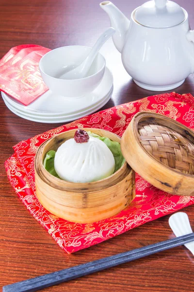 Closeup Steamed Buns Bamboo Steamer — 스톡 사진