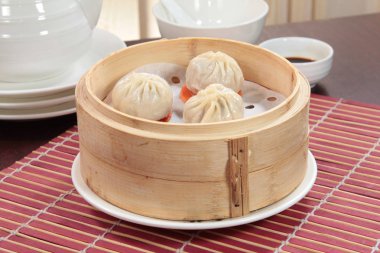 closeup of steamed dumplings in  bamboo steamer - dim sum