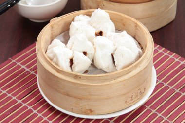 closeup of steamed dumplings in  bamboo steamer - dim sum