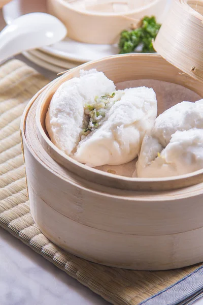 Closeup Dim Sum Bamboo Steamer — Stock Photo, Image