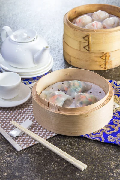 Closeup Dim Sum Bamboo Steamer — 스톡 사진