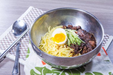  plate of noodles on table, closeup