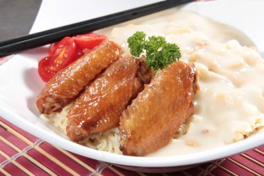  plate of noodles on table, closeup