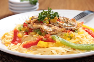  plate of noodles on table, closeup