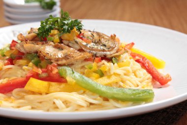  plate of noodles on table, closeup