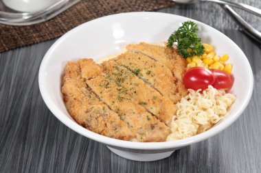  plate of noodles on table, closeup