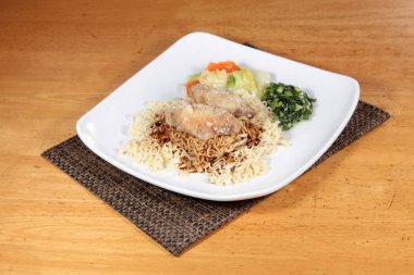  plate of noodles on table, closeup