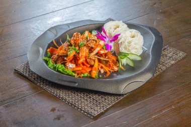  plate of noodles on table, closeup
