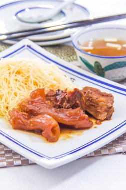  plate of noodles on table, closeup