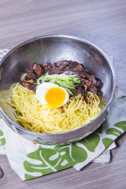  plate of noodles on table, closeup