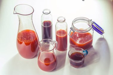 closeup of different beverages with fresh juice 