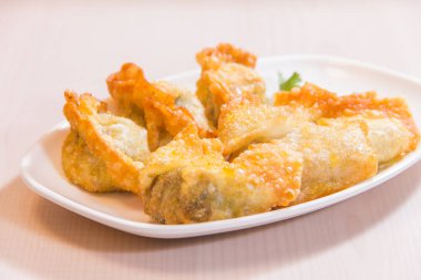 closeup of fried chinese dumplings 