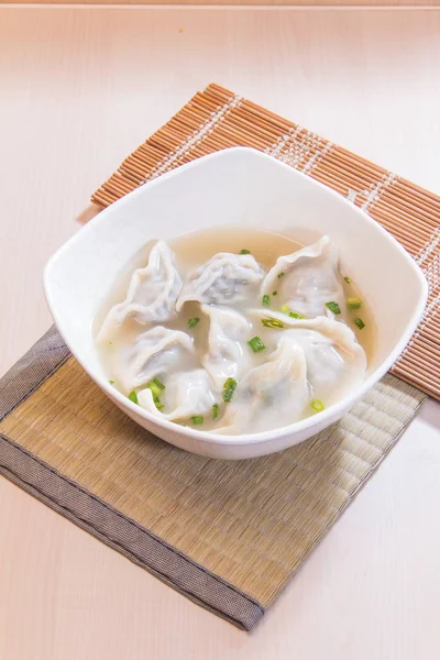 Closeup Chinese Dumplings Soup — Fotografia de Stock