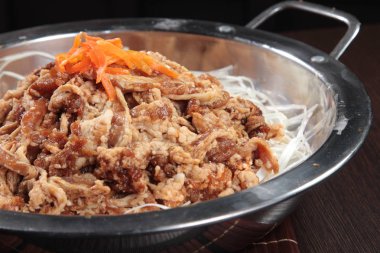 close up view of delicious asian food - noodles with meat