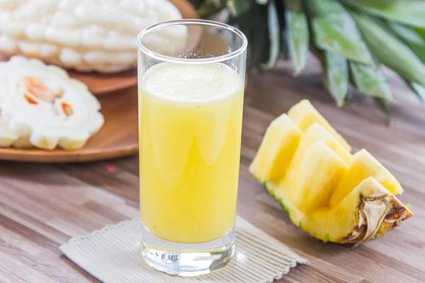 Closeup Pineapple Juice Wooden Table — Stock Photo, Image