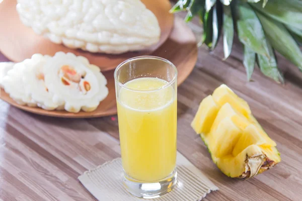 Closeup Pineapple Juice Wooden Table — Stock Photo, Image