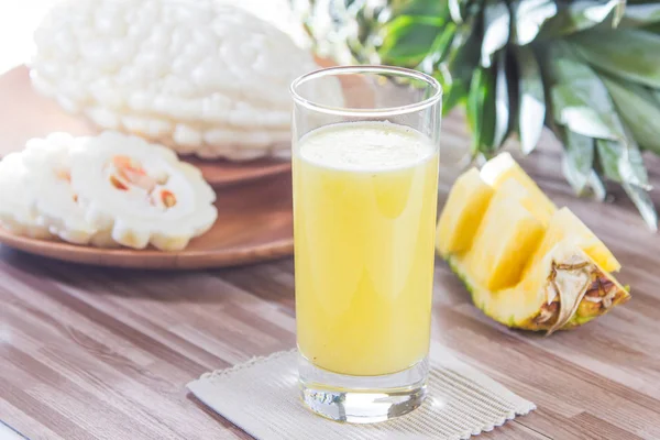 Closeup Pineapple Juice Wooden Table — Stock Photo, Image