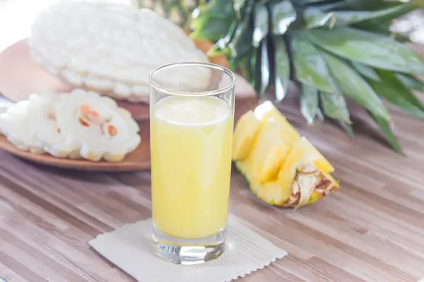 Closeup Pineapple Juice Wooden Table — Stock Photo, Image