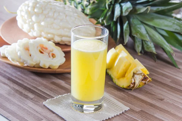 Closeup Pineapple Juice Wooden Table — Stock Photo, Image