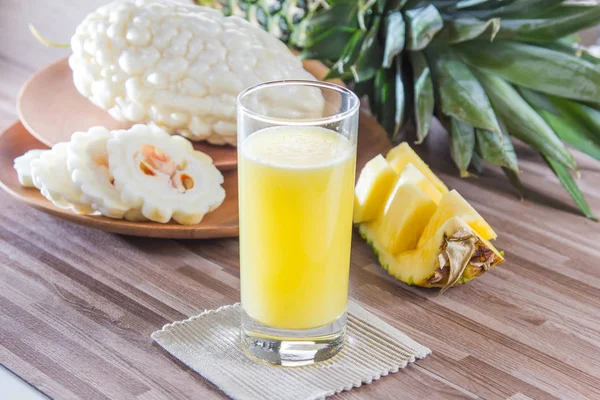 Closeup Pineapple Juice Wooden Table — Stock Photo, Image