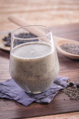 closeup of chia seeds with almond milk