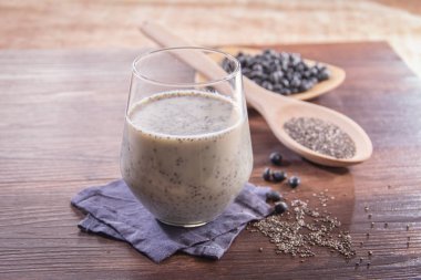 closeup of chia seeds with almond milk