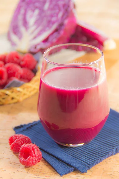 Fresh Raspberries Juice Berries Red Cabbage Wooden Table — Zdjęcie stockowe