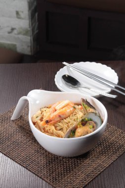 closeup of udon soup in the plate