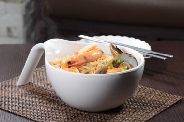 closeup of udon soup in the plate