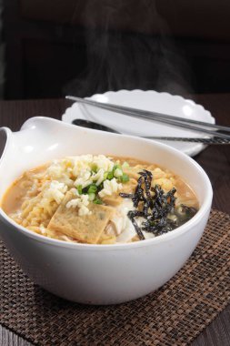 closeup of udon soup in the plate
