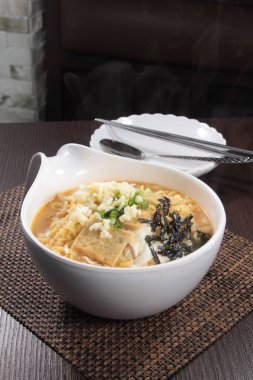 closeup of udon soup in the plate