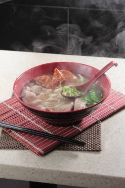 closeup of udon soup in the plate