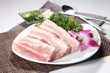 closeup of raw pork on plate 