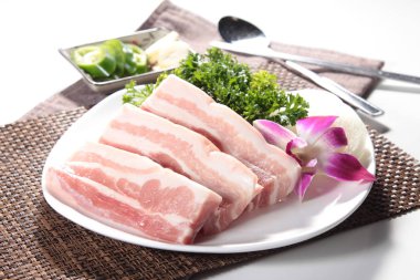 closeup of raw pork on plate 