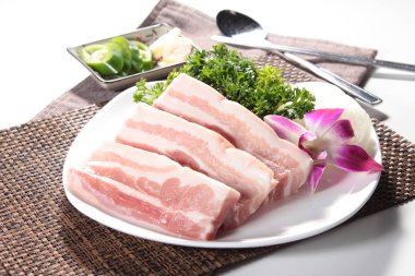 closeup of raw pork on plate 
