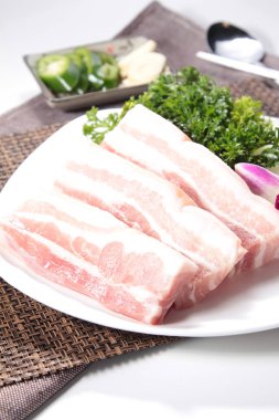 closeup of raw pork on plate 