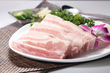 closeup of raw pork on plate 