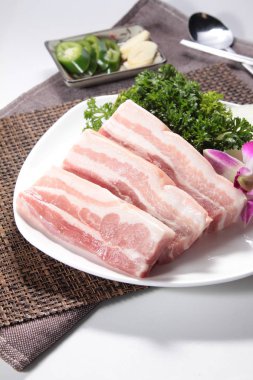 closeup of raw pork on plate 