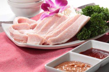 closeup of raw pork on plate 