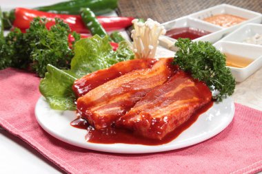 closeup of raw pork on plate 