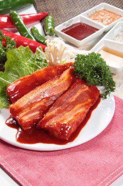 closeup of raw pork on plate 