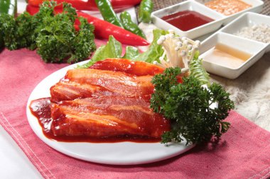 closeup of raw pork on plate 