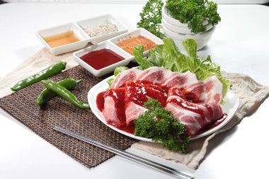 closeup of raw pork on plate 