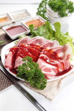 closeup of raw pork on plate 