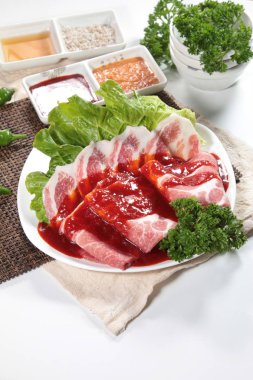 closeup of raw pork on plate 