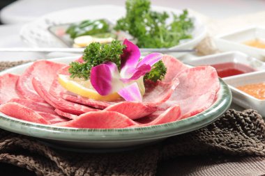 closeup of raw meat slices on plate 