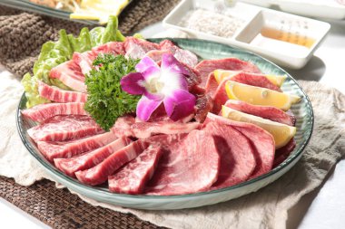 closeup of raw meat slices on plate 