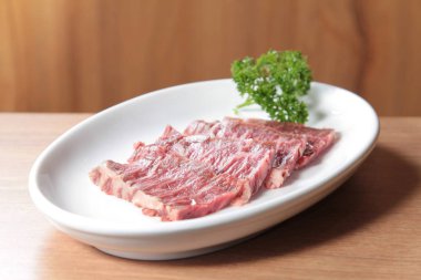 closeup of raw pork on plate 