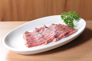 closeup of raw pork on plate 